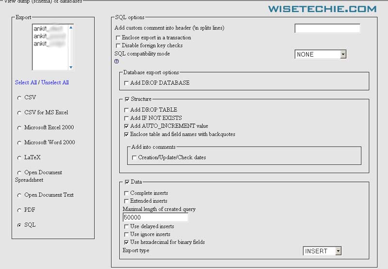 Export Database Screenshot
